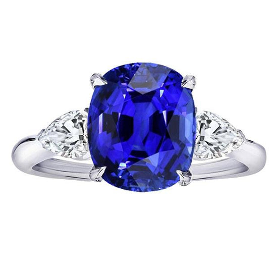 3 Stone Oval Ring Prong Blue Sapphire & Pear Diamonds 4.50 Carats - Gemstone Ring-harrychadent.ca