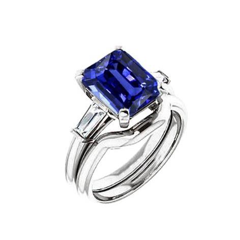 3 Stone Emerald Blue Sapphire & Baguette Diamond Ring Set 1.75 Carats- Gemstone Ring-harrychadent.ca