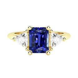 3 Stone Emerald Blue Sapphire Ring With Trillion Natural Earth Mined Diamonds 2.50 Carats