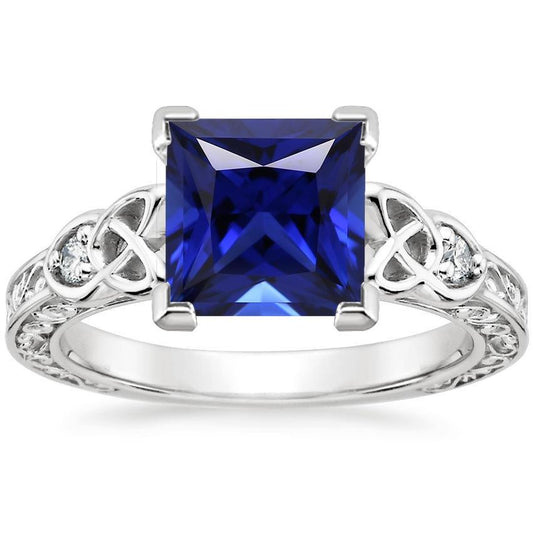 3 Stone Ring 5.25 Carats Filigree Princess Blue Sapphire & Diamond New - Gemstone Ring-harrychadent.ca