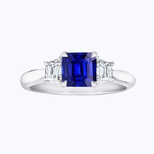 3 Stone Ring Asscher Cut Blue Sapphire & Trapezoid Diamonds 2 Carats - Gemstone Ring-harrychadent.ca