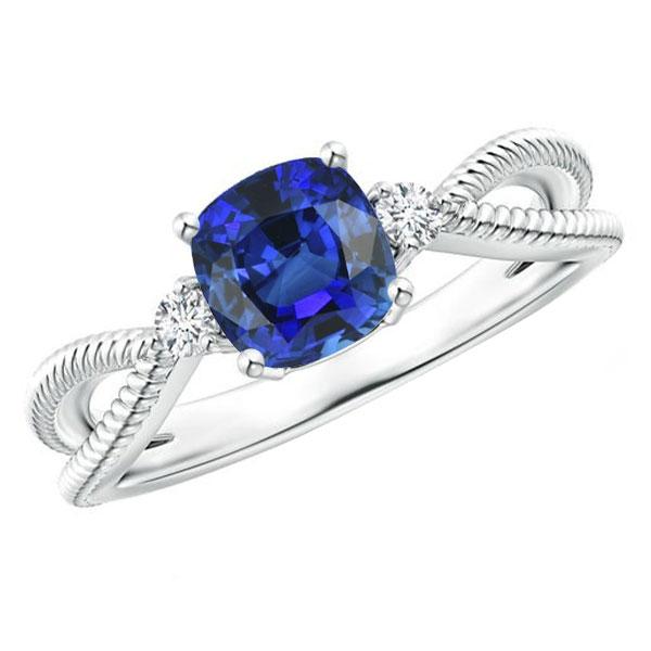 3 Stone Ring Cushion Blue Sapphire Rope Style 2.25 Carats Split Shank - Gemstone Ring-harrychadent.ca