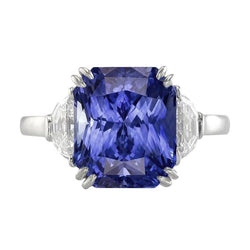 3 Stone Ring Double Prong Radiant Sapphire 4 Carats Half Moon Natural Earth Mined Diamonds
