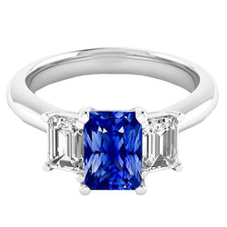 3 Stone Ring Emerald Natural Earth Mined Diamonds & Radiant Deep Blue Sapphire 2.50 Carats