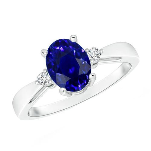 3 Stone Ring Oval Blue Sapphire & Diamond 4.75 Carats Tapered Shank - Gemstone Ring-harrychadent.ca