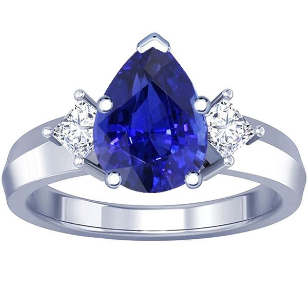 3 Stone Ring Pear Blue Sapphire & Princess Diamonds 3 Carats Gold 14K - Gemstone Ring-harrychadent.ca