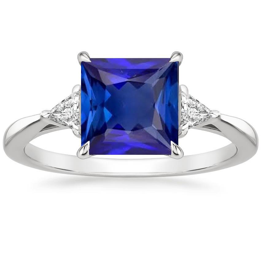 3 Stone Ring Princess Blue Sapphire & Trillion Cut Diamonds 5.50 Carat - Gemstone Ring-harrychadent.ca