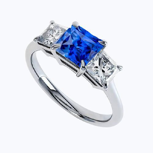 3 Stone Ring Princess Prong Set Ceylon Sapphire & Diamonds 2 Carats - Gemstone Ring-harrychadent.ca