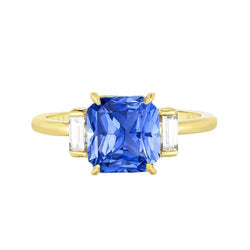 3 Stone Ring Radiant Blue Sapphire 2.50 Carats Baguette Natural Earth Mined Diamonds
