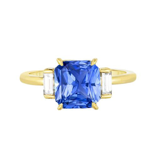 3 Stone Ring Radiant Blue Sapphire 2.50 Carats Baguette Diamonds - Gemstone Ring-harrychadent.ca