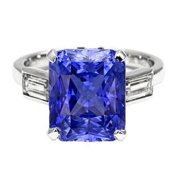 3 Stone Ring Radiant Sapphire & Baguette Diamonds 4 Carats White Gold