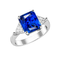 3 Stone Ring Radiant Sapphire & Trillion Natural Earth Mined Diamonds Jewelry 2.50 Carats