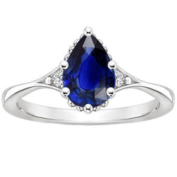 3 Stone Ring Split Shank Pear Blue Sapphire & Natural Earth Mined Diamonds 3.25 Carats