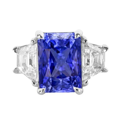 3 Stone Ring Trapezoid Diamond & Ceylon Sapphire 3.50 Carats Prong Set - Gemstone Ring-harrychadent.ca