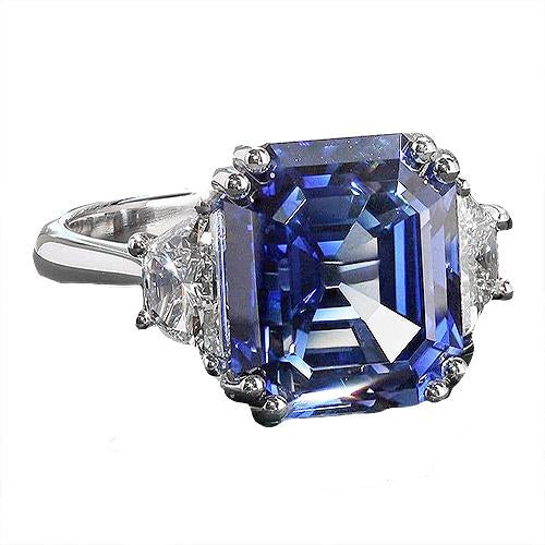 3 Stone Ring Trapezoid Diamonds With Asscher Blue Sapphire 5 Carats - Gemstone Ring-harrychadent.ca