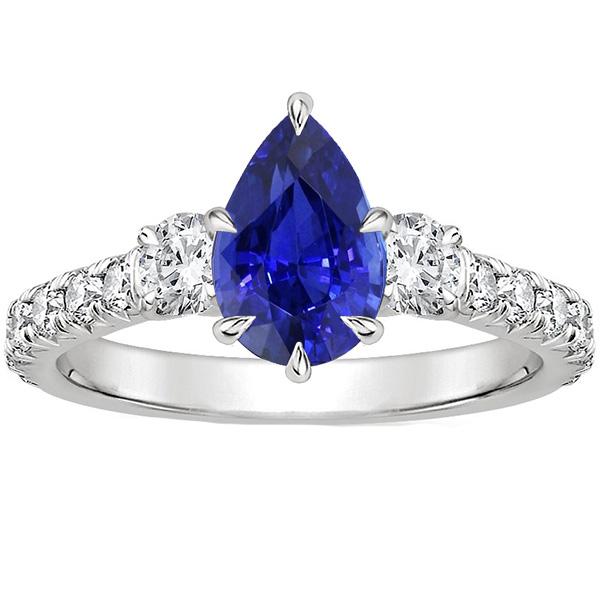3 Stone Ring With Accents Pear Blue Sapphire & Diamonds 3.50 Carats - Gemstone Ring-harrychadent.ca