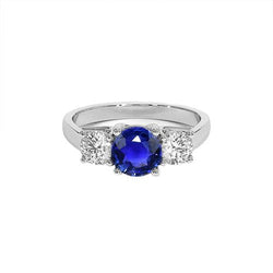 3 Stone Round Blue Sapphire Natural Earth Mined Diamond Ring 4 Carats Prong Set Gold 14K
