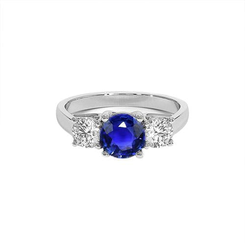 3 Stone Round Blue Sapphire Diamond Ring 4 Carats Prong Set Gold 14K - Gemstone Ring-harrychadent.ca