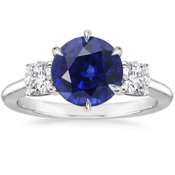 3 Stone Round Natural Earth Mined Diamonds Deep Blue Sapphire Ring Prong Set 3.50 Carats