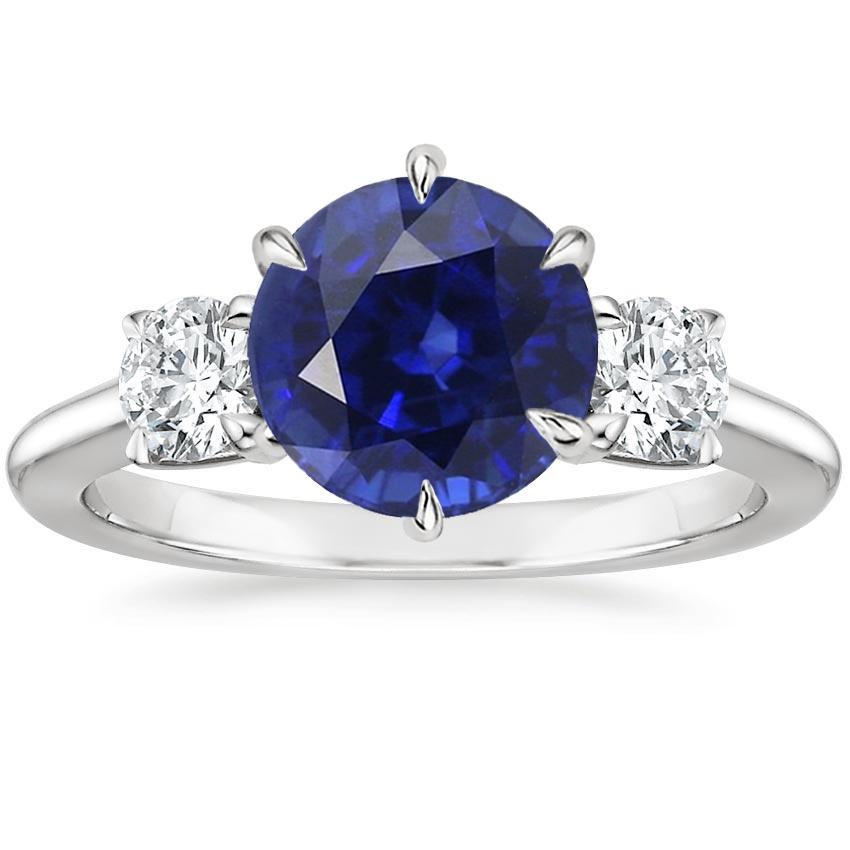 3 Stone Round Diamonds Deep Blue Sapphire Ring Prong Set 3.50 Carats - Gemstone Ring-harrychadent.ca