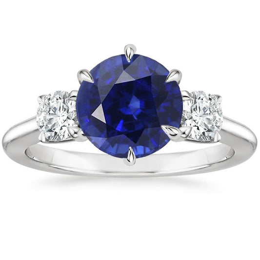 3 Stone Round Diamonds Deep Blue Sapphire Ring Prong Set 3.50 Carats - Gemstone Ring-harrychadent.ca