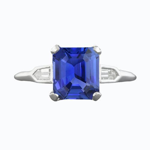 3 Stone Sapphire Ring Emerald Cut Tapered Baguette Diamonds 3 Carats - Gemstone Ring-harrychadent.ca