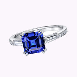 3 Stone Style Asscher Sapphire Ring 3 Carats Baguette & Round Diamonds