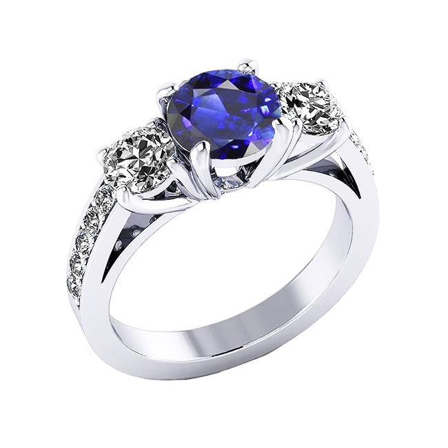 3 Stone Style Diamond Ring Round Ceylon Sapphire 2.50 Carats White Gold - Gemstone Ring-harrychadent.ca