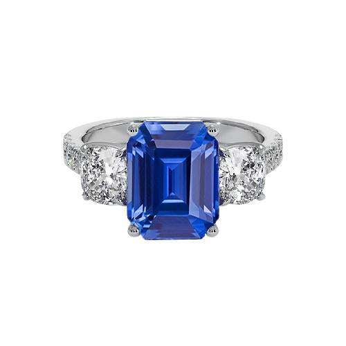 3 Stone Style Emerald Blue Sapphire Ring With Accents Gold 2.50 Carats - Gemstone Ring-harrychadent.ca