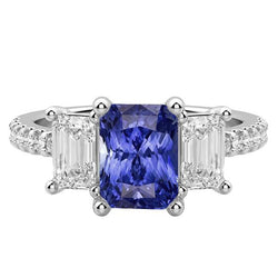 3 Stone Style Emerald Natural Earth Mined Diamond Blue Sapphire Ring Radiant Cut 4 Carats