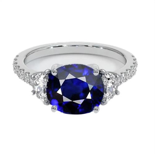 3 Stone Style Oval Ceylon Sapphire & Half Moon Diamonds Ring 11 Carats - Gemstone Ring-harrychadent.ca