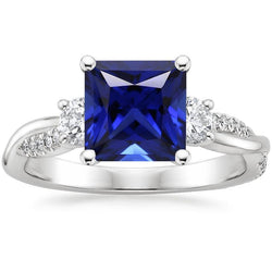 3 Stone Style Princess Cut Ceylon Sapphire Ring With Natural Earth Mined Diamonds 6 Carats