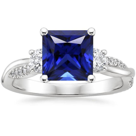 3 Stone Style Princess Cut Ceylon Sapphire Ring With Diamonds 6 Carats - Gemstone Ring-harrychadent.ca
