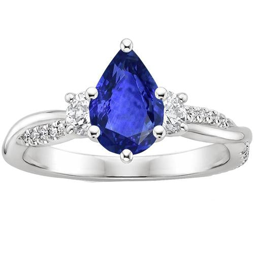 3 Stone Style Ring With Accents Diamond & Pear Blue Sapphire 6 Carats - Gemstone Ring-harrychadent.ca