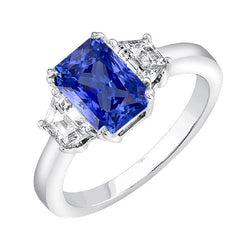 3 Stone Trapezoid Natural Earth Mined Diamond Jewelry 3 Carat Radiant Ceylon Sapphire Ring