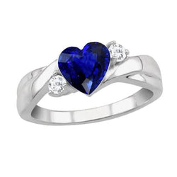 3 Stone Wedding Ring Blue Sapphire Heart & Round Diamonds 1.75 Carats