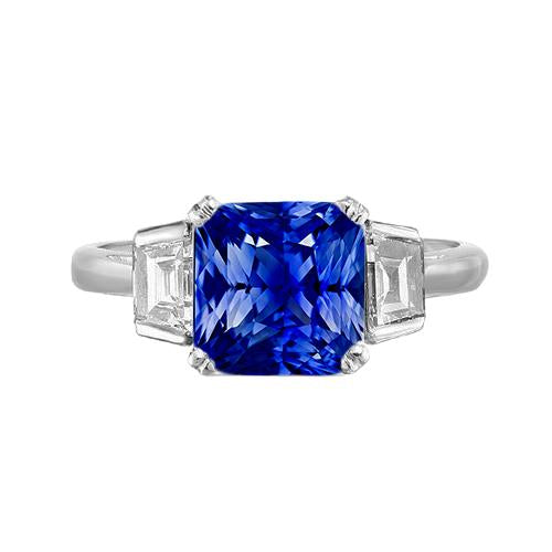 3 Stone Wedding Ring Cushion Sapphire & Trapezoid Diamond 2.50 Carats - Gemstone Ring-harrychadent.ca