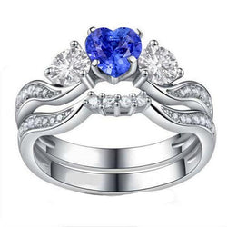 3 Stone Wedding Ring Set Heart Blue Sapphire & Round Natural Earth Mined Diamonds 3 Carats
