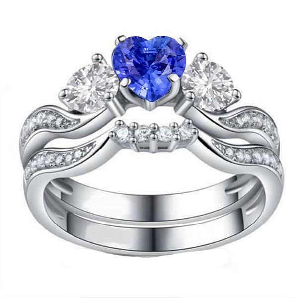 3 Stone Wedding Ring Set Heart Blue Sapphire & Round Diamonds 3 Carats - Gemstone Ring-harrychadent.ca