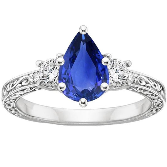 3 Stones Ring Antique Style Pear Blue Sapphire & Diamonds 3.50 Carats - Gemstone Ring-harrychadent.ca