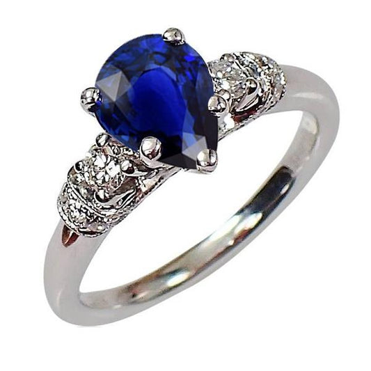 3 Stones Ring Antique Style Pear Ceylon Sapphire & Diamonds 2 Carats - Gemstone Ring-harrychadent.ca
