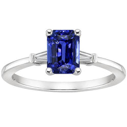 3 Stones Ring Emerald Ceylon Sapphire & Baguette Natural Earth Mined Diamonds 3.50 Carats