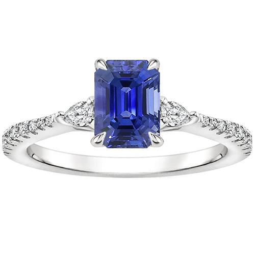 3 Stones Ring With Accents Emerald Blue Sapphire & Pear 4.50 Carats - Gemstone Ring-harrychadent.ca