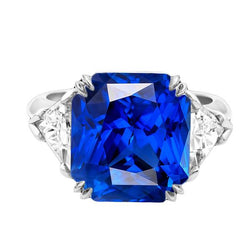 4.50 Carats Radiant 3 Stone Ring Blue Sapphire & Trillion Natural Earth Mined Diamonds