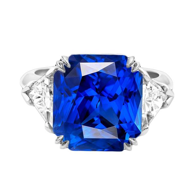 4.50 Carats Radiant 3 Stone Ring Blue Sapphire & Trillion Diamonds - Gemstone Ring-harrychadent.ca