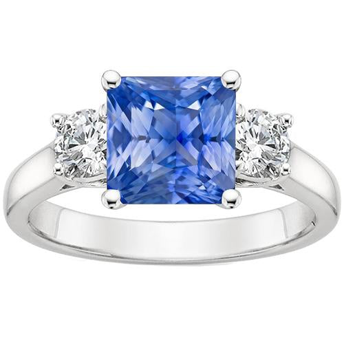 4 Carats Blue Ceylon Sapphire & Round Diamond 3 Stone Ring Gold 14K - Gemstone Ring-harrychadent.ca
