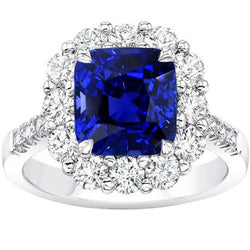 5.50 Carats Halo Cushion Deep Blue Sapphire Ring & Natural Earth Mined Diamond Jewelry