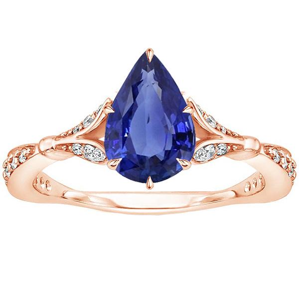 Accented Engagement Ring Pear Ceylon Sapphire & Diamonds 4.50 Carats - Gemstone Ring-harrychadent.ca