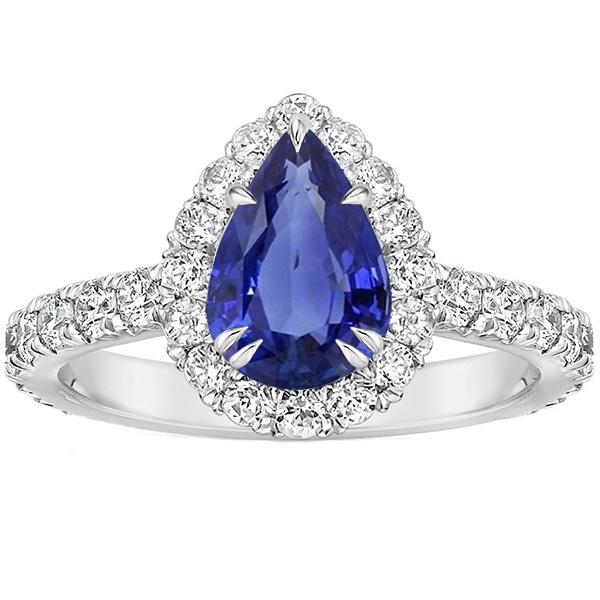 Anniversary Halo Blue Sapphire Ring 4.50 Carats & Pave Set Pear - Gemstone Ring-harrychadent.ca