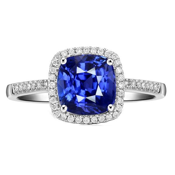 Anniversary Halo Ring Cushion Blue Sapphire Accented Diamonds 4 Carats - Gemstone Ring-harrychadent.ca